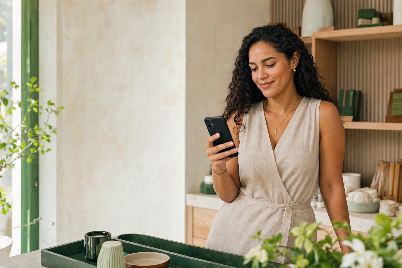 Emprendedora atendiendo una conversación desde su teléfono